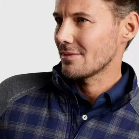 Mens Peter Millar Performance Flannel Gray Blue Plaid Men's Zip Jacket 2XL New
